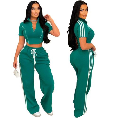 Zipper short sleeved top paired with loose pants two-piece set