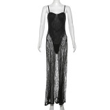 Strapless suspender see through mesh long dress