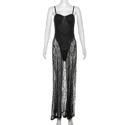 Strapless suspender see through mesh long dress