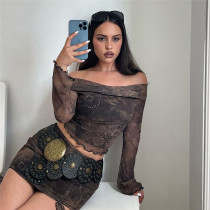 Open navel one shoulder top, high waisted drawstring skirt set Open navel one shoulder top, high waisted drawstring skirt set