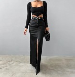 Split solid color high waisted minimalist leather skirt