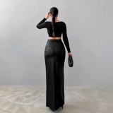 Split solid color high waisted minimalist leather skirt