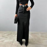 Split solid color high waisted minimalist leather skirt