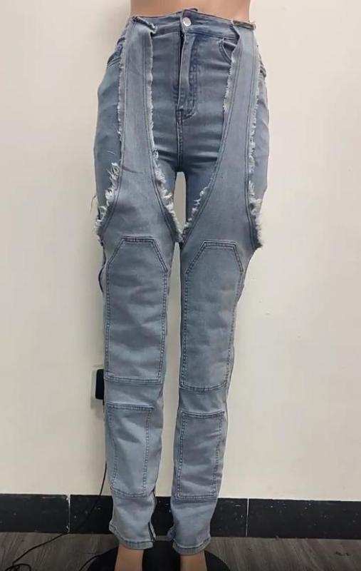 Irregular hollow splicing zipper elastic denim