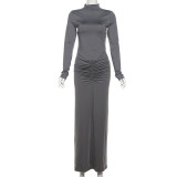Waist cinching long skirt pleated dress
