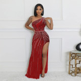 Slanted shoulder rhinestone high slit evening dress dress