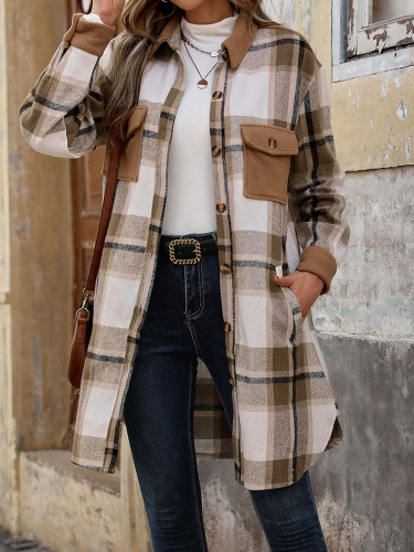 Woolen long checkered shirt jacket