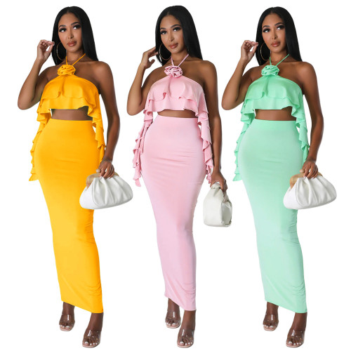 Wrap chest and hang neck top, expose navel, high waist, slit long skirt two-piece set