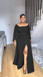 Off shoulder short top, high waist half body split long skirt set
