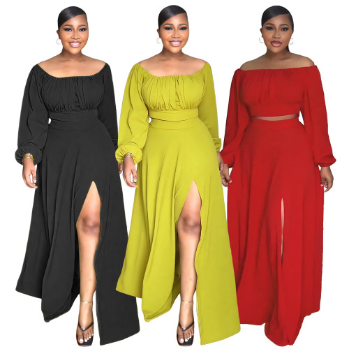 Off shoulder short top, high waist half body split long skirt set