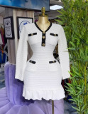Waffle contrasting small fragrance V-neck knitted dress