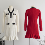 Waffle contrasting small fragrance V-neck knitted dress
