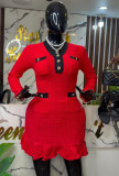 Waffle contrasting small fragrance V-neck knitted dress
