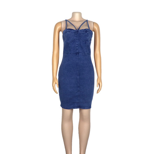Wash water elastic denim wrap chest short denim skirt
