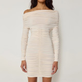 Long sleeved pleated sloping shoulder bag hip dress