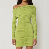 Long sleeved pleated sloping shoulder bag hip dress