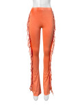 Cotton tassel elastic tight fitting micro flared pants