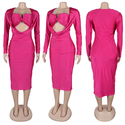 Deep V-neck hanging pleated long sleeved dress