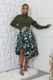 High waisted leopard print skirt camouflage drawstring flower bud skirt