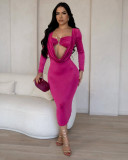 Deep V-neck hanging pleated long sleeved dress