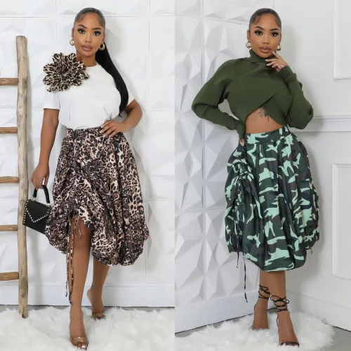 High waisted leopard print skirt camouflage drawstring flower bud skirt