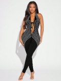 Hanging neck elastic backless tie deep V-neck tight jumpsuit