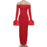 One collar flower bud long sleeved slit dress