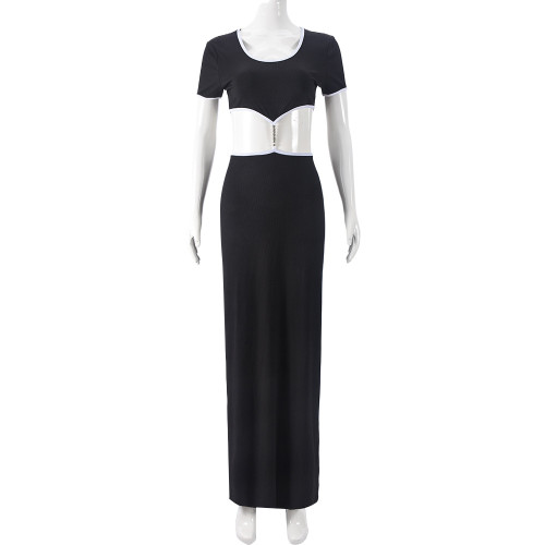 Color blocked crop top round neck metal decorative dress