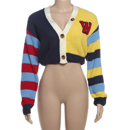Colorful letter knitted button short long sleeved jacket