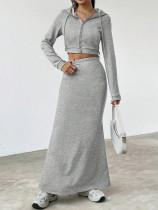 Long sleeved hooded zipper sweatshirt with hip hugging long skirt set Long sleeved hooded zipper sweatshirt with hip hugging long skirt set