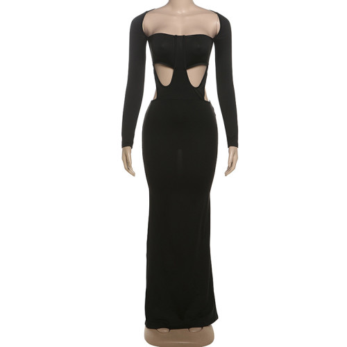 Long sleeved deep U-neck hollowed out hip hugging dress