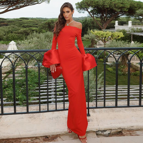 One collar flower bud long sleeved slit dress