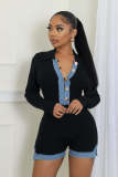 V-neck single breasted denim patchwork knit jumpsuit