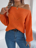 Hollow out one necked off shoulder lantern sleeve sweater