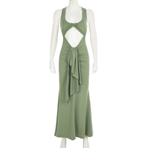Twisted hollow out long skirt with pleated straps dress