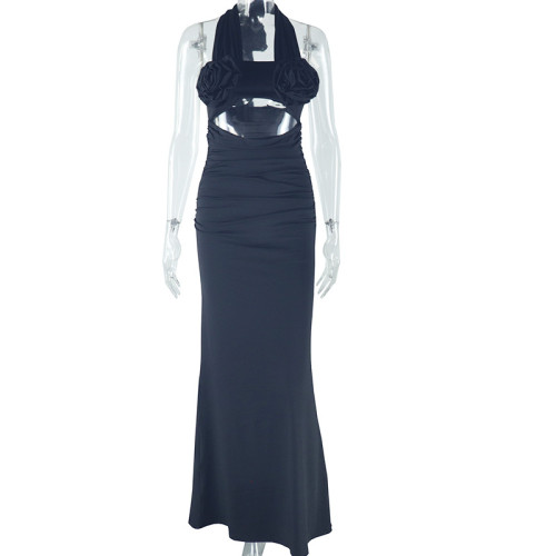 Hanging neck three-dimensional flower decoration high waist one-step skirt dress