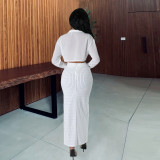 Women's shirt style with exposed navel, long sleeved top, elastic waist, half skirt set