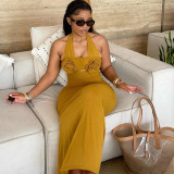 Hanging neck three-dimensional flower decoration high waist one-step skirt dress