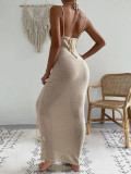 Hollow out strap hanging neck strap patchwork dress