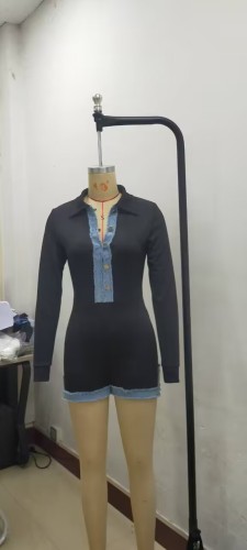 V-neck single breasted denim patchwork knit jumpsuit