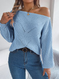 Hollow out one necked off shoulder lantern sleeve sweater