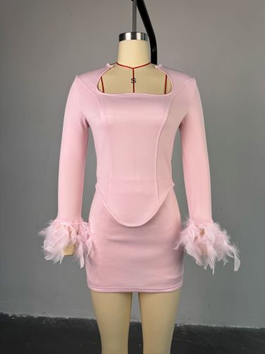 Feather long sleeved base shirt high waist half hip skirt two-piece set