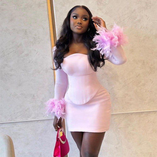 Feather long sleeved base shirt high waist half hip skirt two-piece set