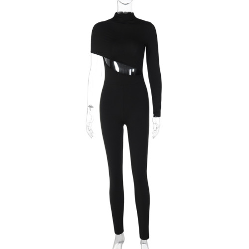 High stretch single shoulder long sleeved jumpsuit