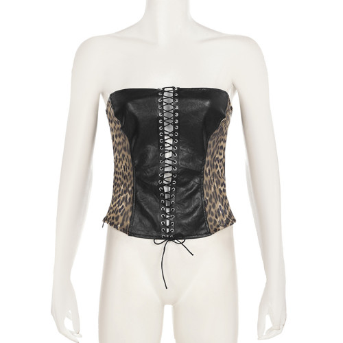 Leather patchwork strapless vest with straps