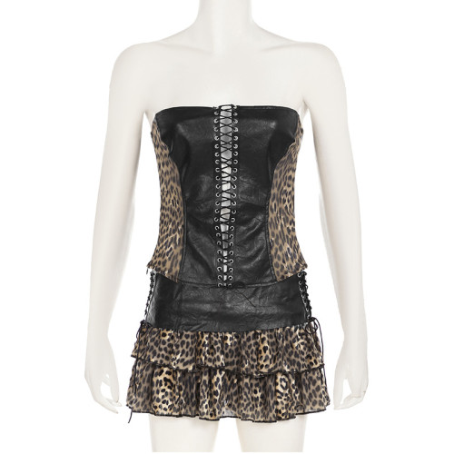 Leather patchwork leopard print mesh short skirt set