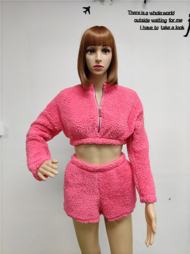 High neck zipper elastic leak belly button shorts set