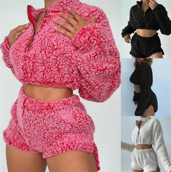 High neck zipper elastic leak belly button shorts set