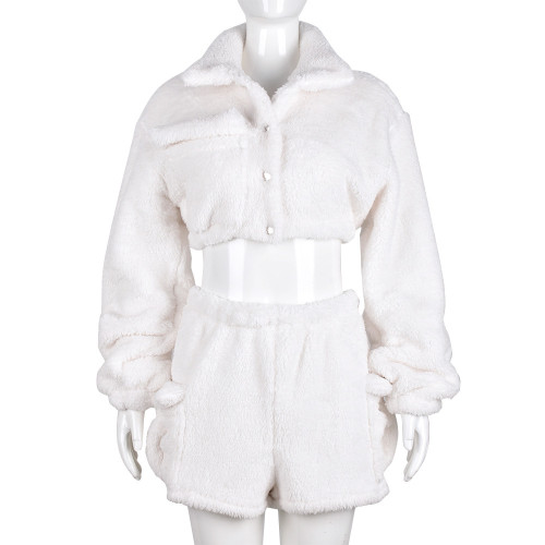 Fluffy long sleeved top and shorts set