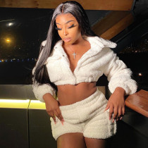 Fluffy long sleeved top and shorts set